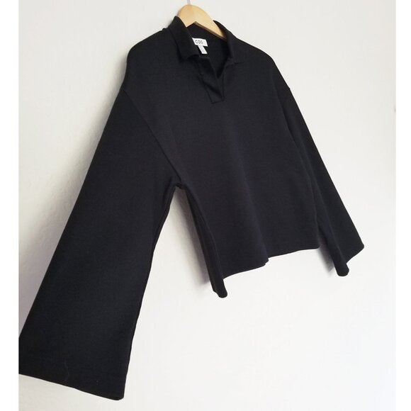 COS Jersey Rugby Shirt Top XS Black Collar V Neck Wide Long Sleeves Minimalist - Picture 13 of 16